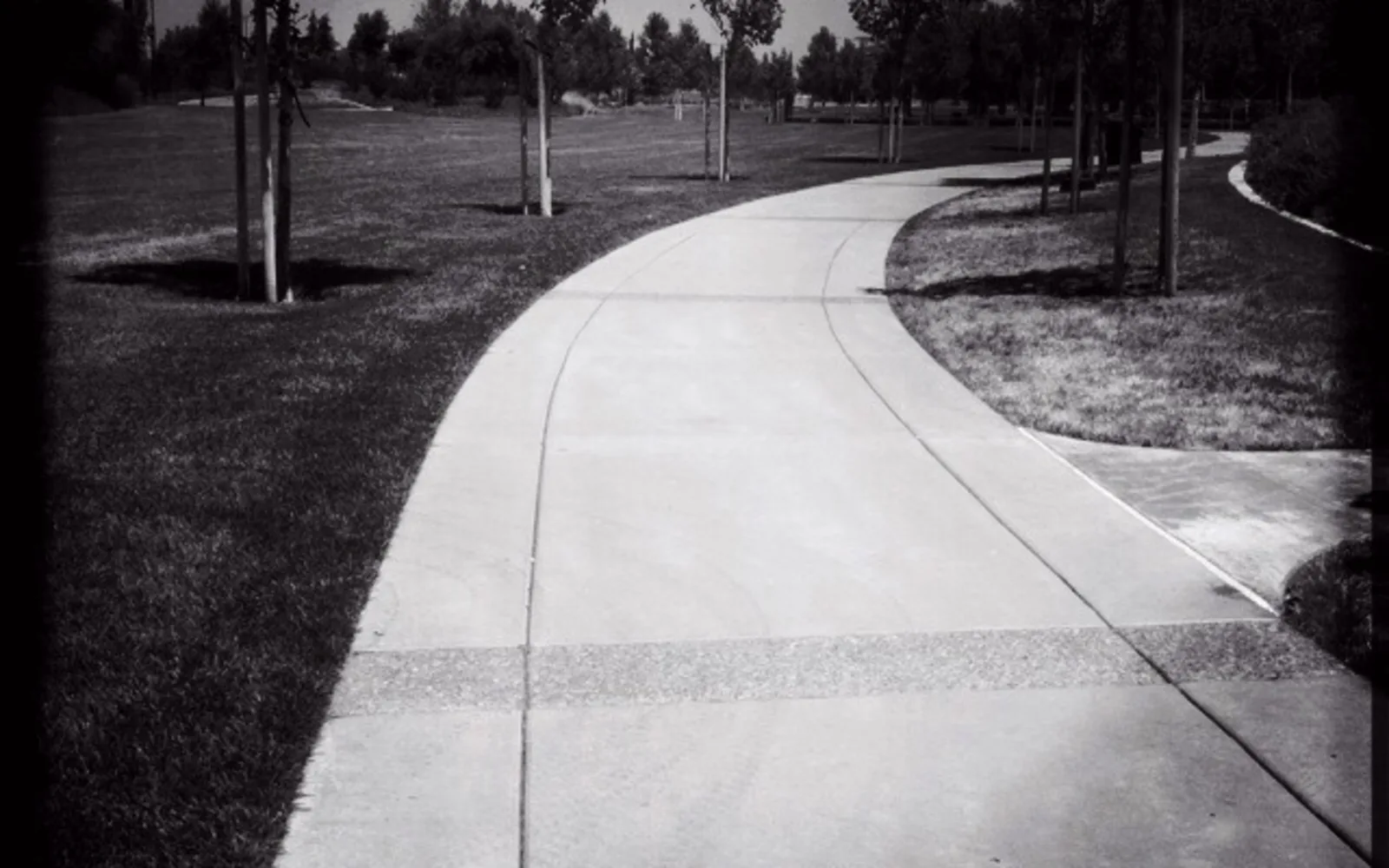 A landscaped park pathway in Mountain House, California, photographed in 2012.